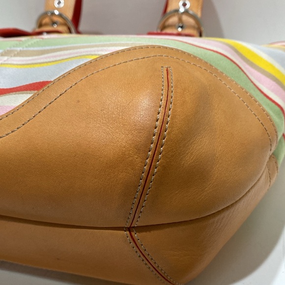 COACH (#4435) Multicolored Striped Fabric/ Tan Leather Shoulder/ Tote Bag - Picture 8 of 16